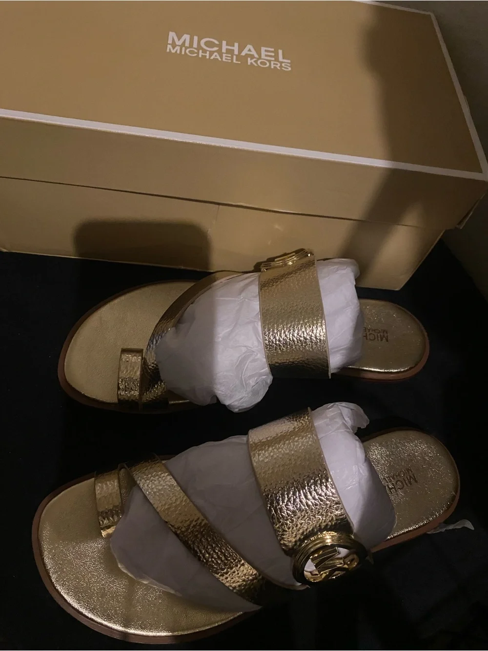 Michael Kors Gold Leather Slide Sandals with MK Logo